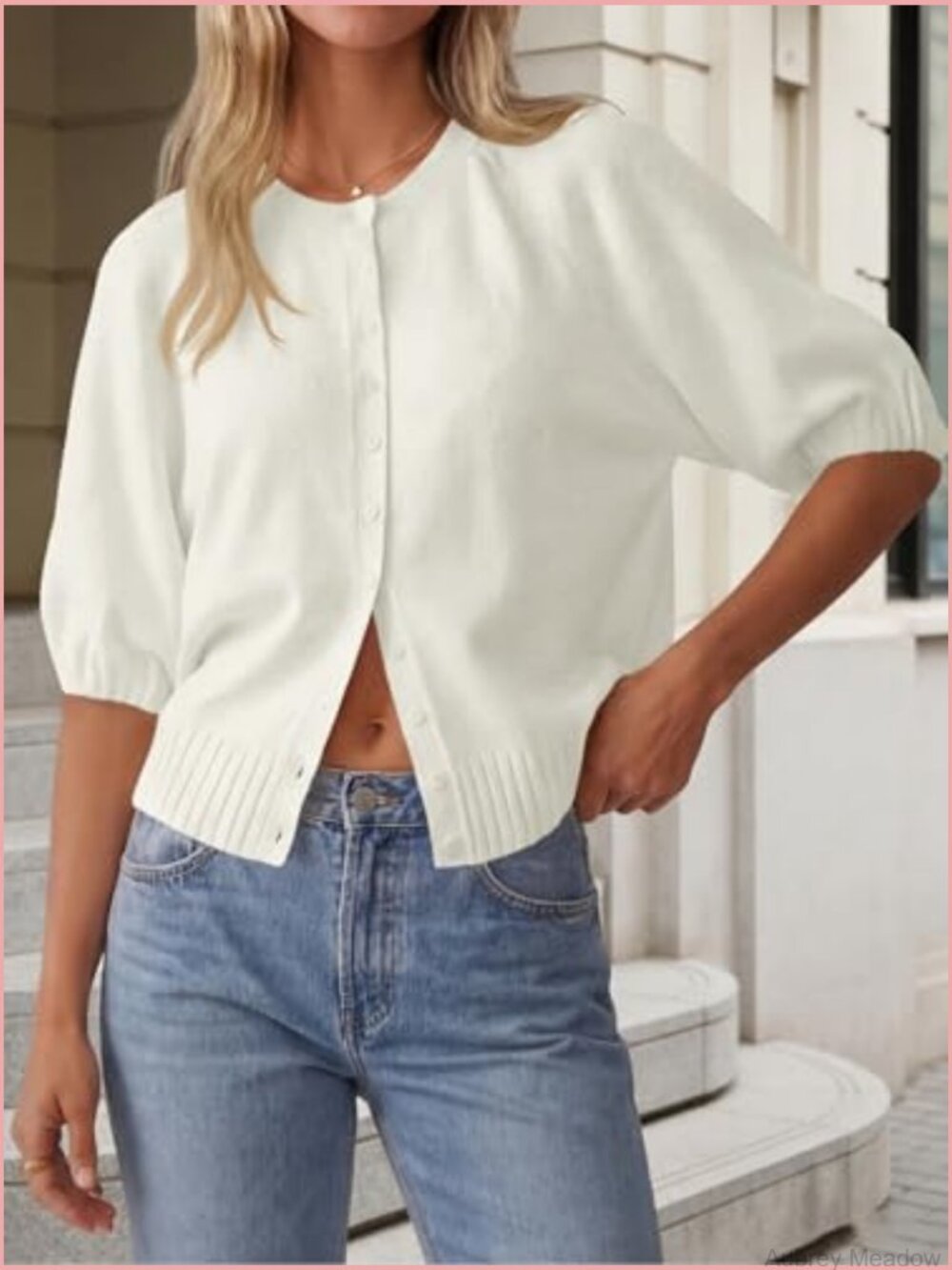 Short Sleeve Cardigan Lightweight Knit Crew Neck Button Down Sweater - Picture 2 of 7